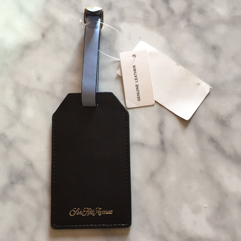 Saks Fifth Ave Black Leather Luggage Tag/New